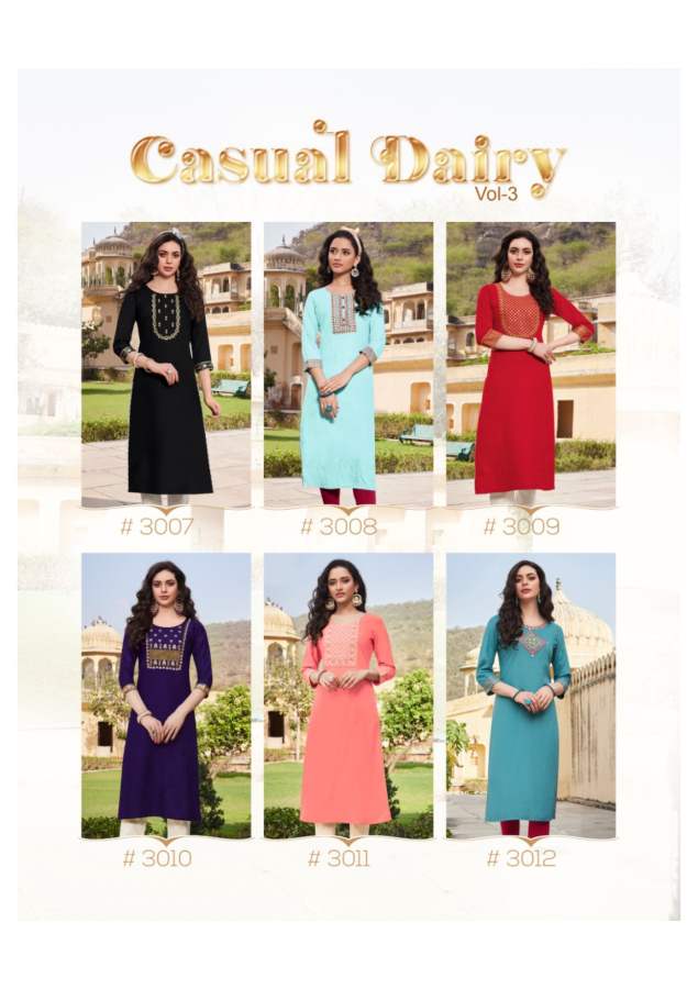 Casual Dairy 3 New Design Ethnic Wear Rayon Embroidery Kurti Collection